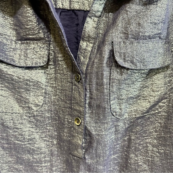 ny collection Shiny Navy Half Button Collared Long Sleeve with Rolled Cuffs Sml - Picture 2 of 8